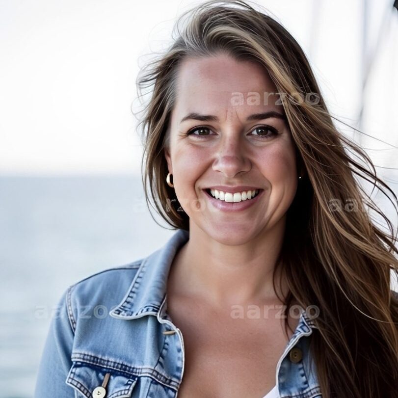 Smiling woman with long hair wearing a denim jacket outdoors.